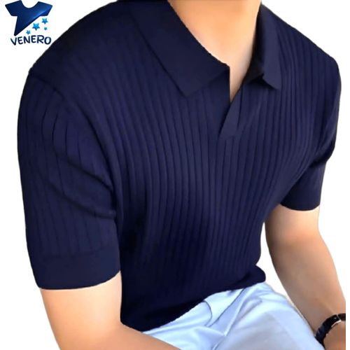 Men’s Ribbed Knit Polo Shirt - Modern V-Neck Casual Short Sleeve Tee