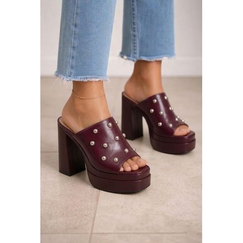 Slipper High Heels Leather Studded X-15 - Burgundy