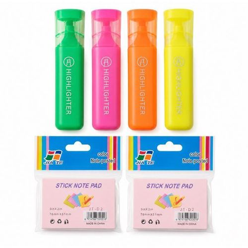 Study Stationery Bundle – 4 Colored Highlighters + 2 Sticky Note Pads