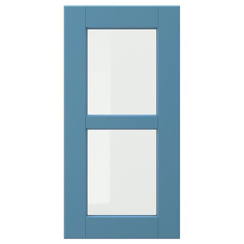 Glass door LERHYTTAN blue door with wooden frame and glass panel.