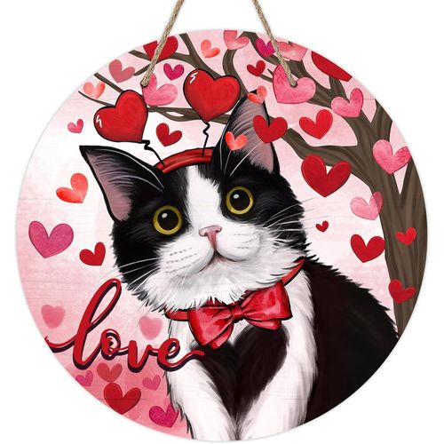 Valentines Day Tu*edo Cat Front Door Sign, Pink Red Love Heart Tree Wood Door Hanger Outdoor Outside Porch Decor, Anniversary Wedding Wooden Wreath Indoor Wall Hanging Decoration Pet Lover Gift