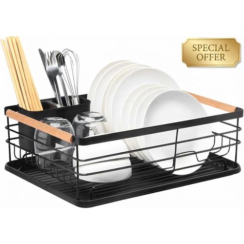 Dish Drying Rack with Removable Drip Tray, Metal Dish Drying Rack Organizer for Kitchen with Wooden Handles, Dish Rack, Dish Drainers ( SPECIAL OFFER )