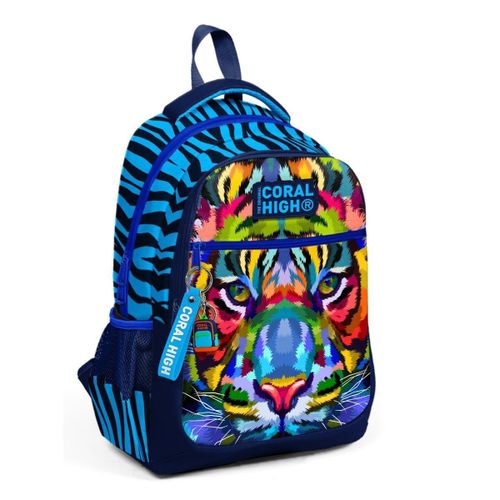 Kids Navy Blue Tiger Patterned Three Compartment School Backpack
