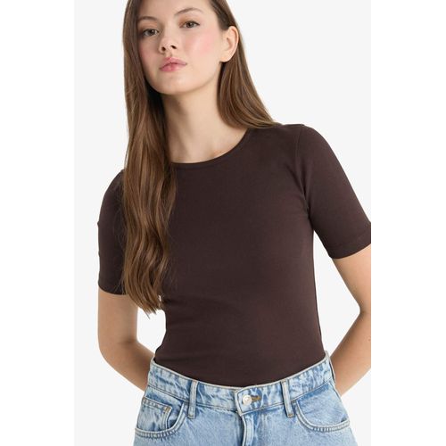 Fitted Crew Neck Basic Ribbed Short Sleeve T-Shirt