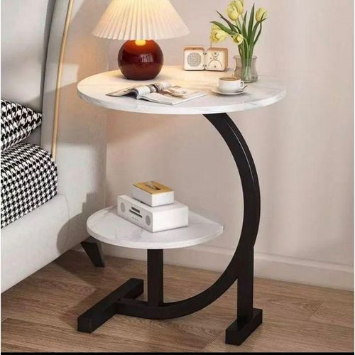 Modern C-Shaped 2-Tier Side Table – Round Wooden Coffee & Sofa End Table – Space Saving Design