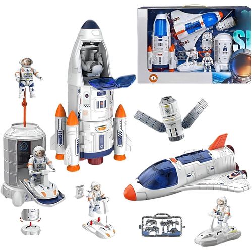 طقم محطة فضاء للأطفال – 9 قطع تشمل صاروخ، مكوك، قمر صناعي، رواد فضاء، ووحدات فضائية – لعبة تعليمية STEM لتنمية الخيال والاستكشاف – تصميم واقعي وأجزاء قابلة للفصل – مناسبة من عمر 3 سنوات فأكثر