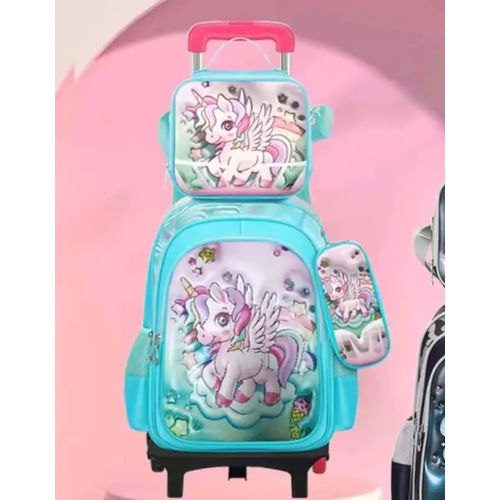 Girls' school bags with wheels, pencil case and lunch bag - ideal for school and trips, comfortable and lightweight with multiple pockets