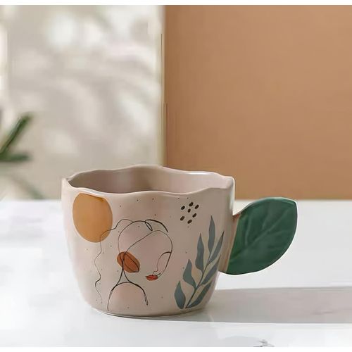 Ceramic Coffee Mug Luxury handcrafte ceramic mug with modern artistic design and green paper handle, perfect for tea or coffee lovers, adds elegance to kitchen shelves, generous size for foamy latte,