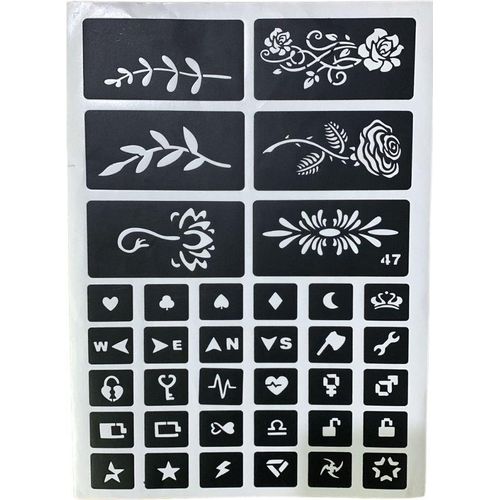 1 Sheet Mini Tattoo Henna Stencils Dual Design Temporary Stickers Reusable Body Art Template Kit Small Symbols Icons Hearts Crowns Stars Flowers Vines Branches Fine Line Temporary Tattoos for Wrist Fingers Neck Discreet Beauty Accessory.
