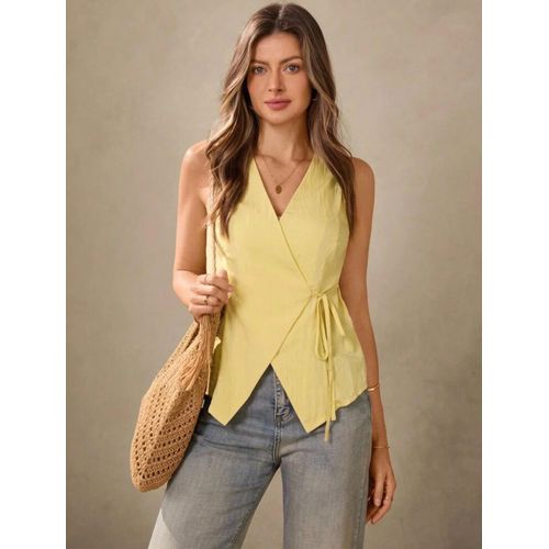 BOHO American Country Style Cream Yellow Vest With Spaghetti Straps, Vintage Summer Blouse, Criss Cross Wrap Tie Top For Women, Casual Vacation Holiday