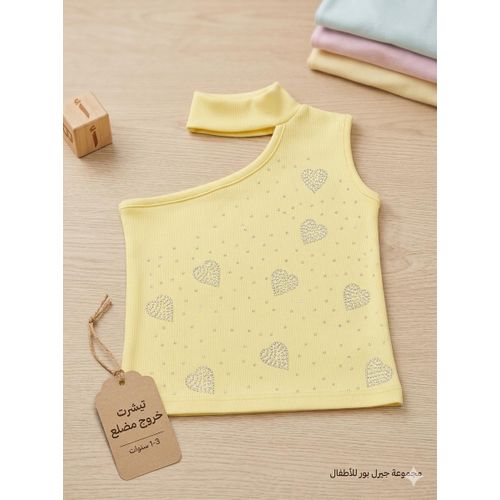 Girls Ribbed One Shoulder T Shirt with Rhinestone Hearts 1 to 3 Years