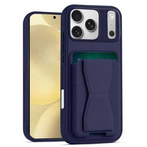 Leather back cover with card wallet Foldable Shockpoof Case compatible with Iphone 17 Pro Max (Blue)