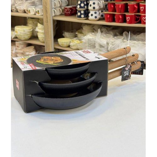 Granite Grill Frying Pan Set – 3 Sizes – Wooden Handle