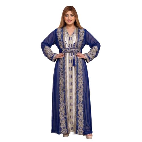 Long Casual Women's Dress in Blue with Front Buttons and Embroidered Details on Sleeves and Chest, Ideal for Daily or Family Occasions