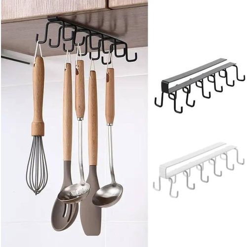 Space-saving perforated cup holders, hanging hooks, under-cabinet hooks, for home kitchens (black) 12-piece set