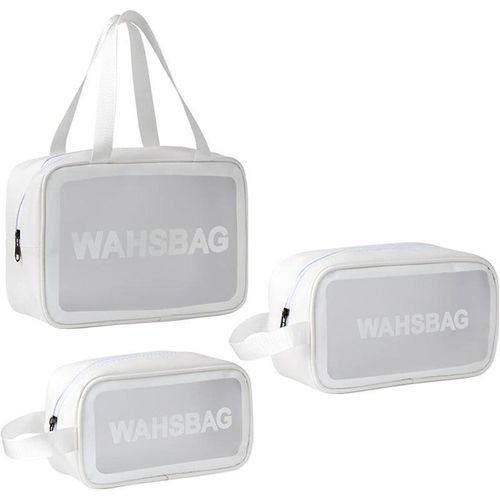 3-Piece Clear Cosmetic Bag Set - Water-Resistant PVC Toiletry Travel Bags - Transparent Packing Cubes with Zipper & Handle (White)