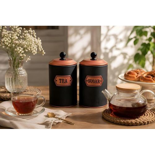 Kitchen Canister Set - Black Metallic Tea and Sugar Storage Jars with Elegant Copper Accent Frames