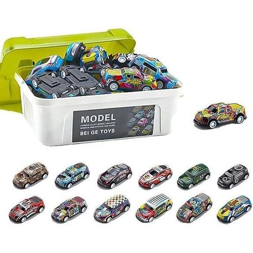 Die-Cast Alloy Miniature Toy Car Collection - Assorted Graffiti-Style Racing Vehicles Set with Convenient Storage Organizer Case