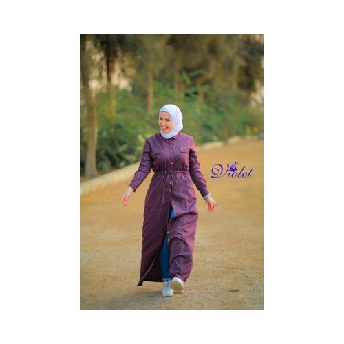Women’s Long Slub Linen Shirt Dress with Pockets - Plum colour