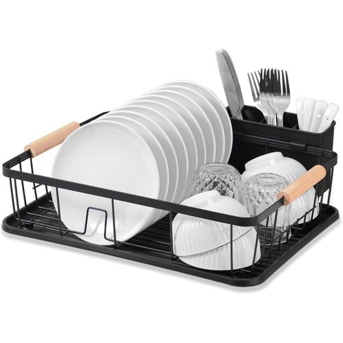 DPWEION Dish Drainer Rack for Kitchen-Metal Dishes Drying Rack with Drip Tray/Cutlery Holder/Wooden Handles-Draining Board Racks(43*31*12cm,Black)