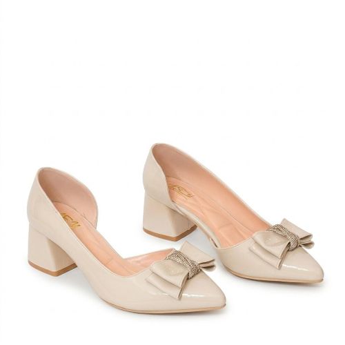 Shoes Mid Heels Leather Glossy With Bow GZ-904 - Beige