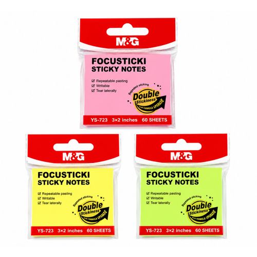 Chenguang FOCUSTICKI Sticky Notes 3 × 2 Inches – 60 Sheets, Repositionable Self-Adhesive Memo Pads, Assorted Neon Colors - 1pcs - No: YS-723