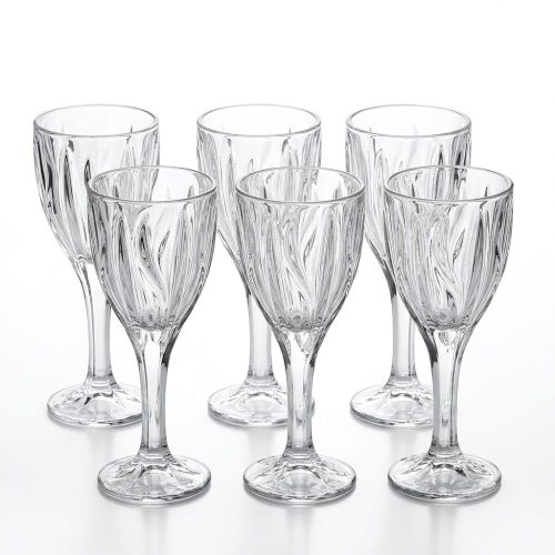 Set of 6 Glass Goblets with Ribbed Design, Clear Stemware with Embossed Texture, for Serving Drinks and Juices at Gatherings