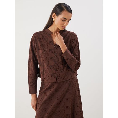 Notch Neck Hole-Knitted Broderie Womens Shirt