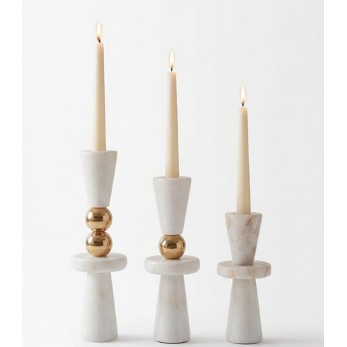 Marble Celestial Alabaster & Gold Orb Taper Candle Holders – Set of 3