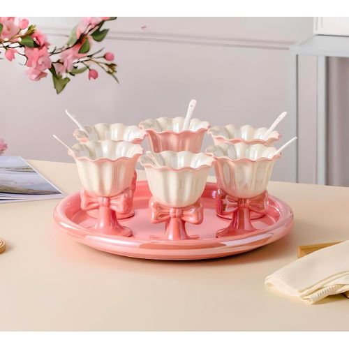 13 Piece Porcelain Ice Cream Set with Rotary Tray - Imported