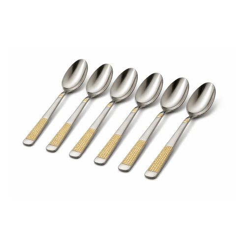 Stainless Steel Table Spoon Set 20 cm 6-Piece Elegant Dinner Spoons with Gold Accent Handle Durable Mirror Finish Cutlery for Soup Rice Daily Use