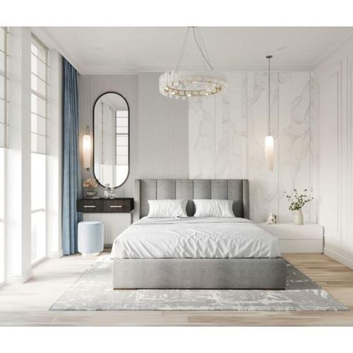 Modern Upholstered Bed (160 cm) – Premium Velvet Gray Bed Frame with Muski Wood Slats