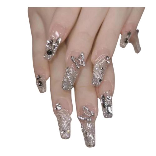 Luxury Press-On Nails – Glitter Butterfly Design with Rhinestones