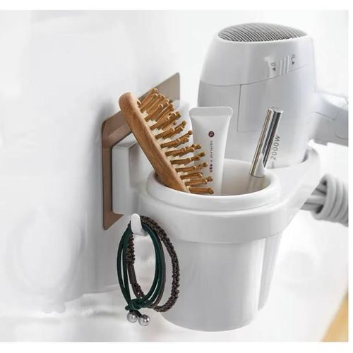 Wall Mounted Hair Dryer Holder with Storage Cup and Hook Adhesive Organized for Hair Dryers, Hair Straightener and Hair Brushes