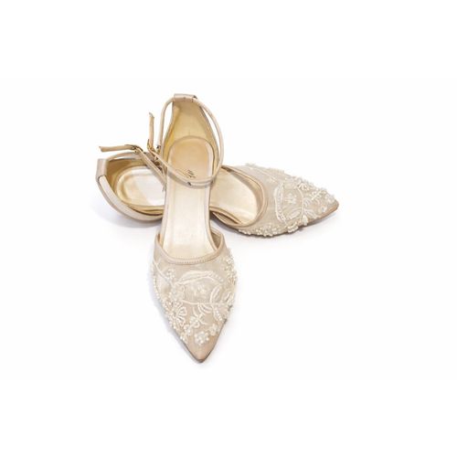 Elegant Champagne Lace Kitten Heels with Floral Pearl Embroidery
