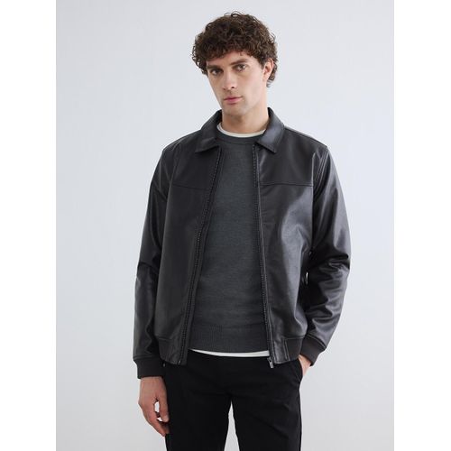 Regular Fit Shirt Collar Men's Leather Look Coat