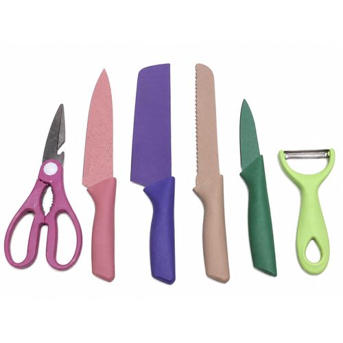 Colored kitchen knife set, 6 pieces, includes scissors and a peeler, in various pastel colors