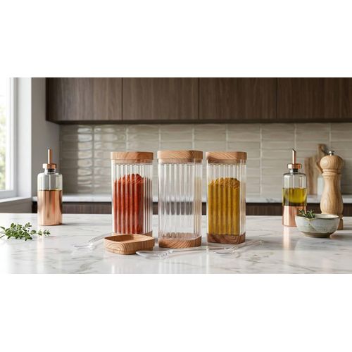3-in-1 Clear Acrylic Spice Container Set with Wooden Base & Lid: Luxury Kitchen Organizer with 3 Spoons for Seasonings and Herbs