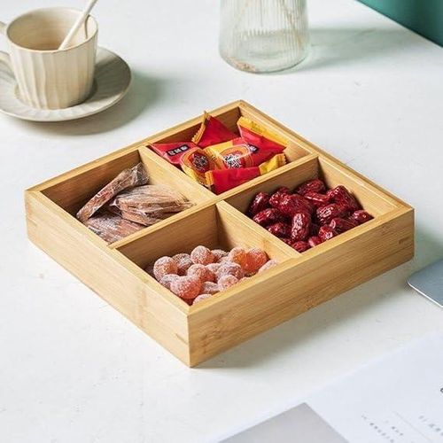 4-Compartment Wooden Tray – Versatile Serving Tray for Snacks, Desserts, and Nuts – Stylish Design for Kitchen and Office