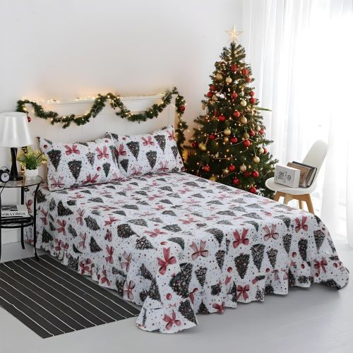 Queen Christmas Ribbon Flat Sheet Set - Holiday Xmas Pattern Bedding Set of 3 Pieces - Wrinkle Free - Cozy & Cooling Festive Winter - Holiday Sheets for Women, Men, Kids & Teens 240 x 180 cm