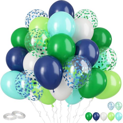 60 قطعة من الكرة الخضراء والخضراء وكرة من كونفيتي أزول مارينو وفاكهة خضراء تبلغ 12 بوصة وكرة من لاتكس أزول سيليست وأزول بلانكو لتزيين عيد الغابة ديناصوريو