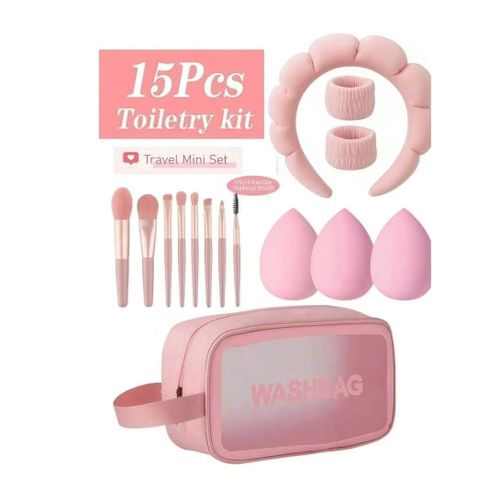 15-Piece Makeup Organizer: Includes 1 makeup bag, 8 mini travel makeup brushes, 1 hair clip, and 3 beauty blenders. A portable makeup kit for eyeshadow, liquid eyeliner, lipstick, eyelash glue, and more. A travel cosmetic organizer.
