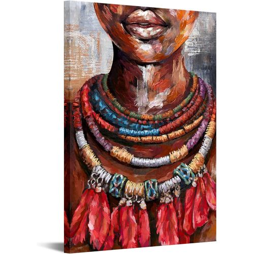 iHAPPYWALL Abstract Native African American Woman Canvas Wall Art Black Girl with Colorful Tribal Necklaces Painting Artwork for Bedroom Modern Home Decor Ready to Hang 24x36inch (colorful)