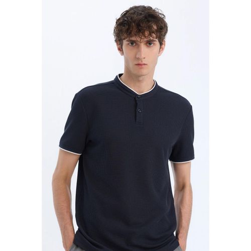 Man Stand- Up Collar Slim Fit Short Sleeve Polo T-Shirt - Navy