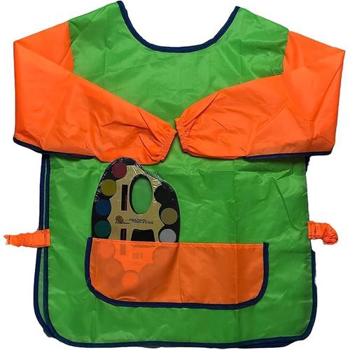 Kids Waterproof Long Sleeve Painting Smock Apron with 2 Front Pockets for Ages 3 to 12 + Watercolor Palette - Green & Orange