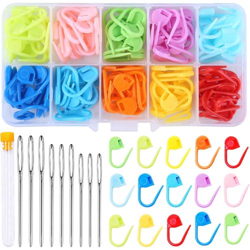 130 Pieces Crochet Stitch Markers, 10 Colors Knitting Markers, Crochet Clips, 9 Pieces Large Eye Sewing Needles with Storage Box for DIY Crochet Craft Projects