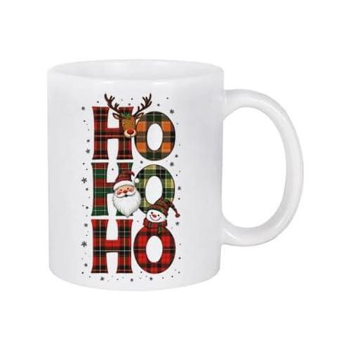 كوب قهوة لعطلة الكريسماس بتصميم بوفالو بلايد هو هو هو، كوب سيراميك أبيض مع رجل ثلج وحيوان الرنة، موضوع عطلة الشتاء