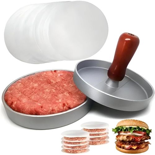 Hamburger Maker - Aluminum Burger Patty Press with Wooden Grip for Healthy Home Cooking, Easy Forming of Round Meat Patties, perfect for Grilling and Family Meals