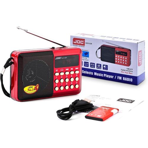 Portable digital FM radio with Bluetooth, music player supporting USB and TF card, red.