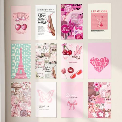 Pink Motivational Posters (12 Pack) – 300g Glitter Paper with Double Adhesive Easy to Install, Add a Touch of Positivity and Beauty to Girls Everyday Spaces